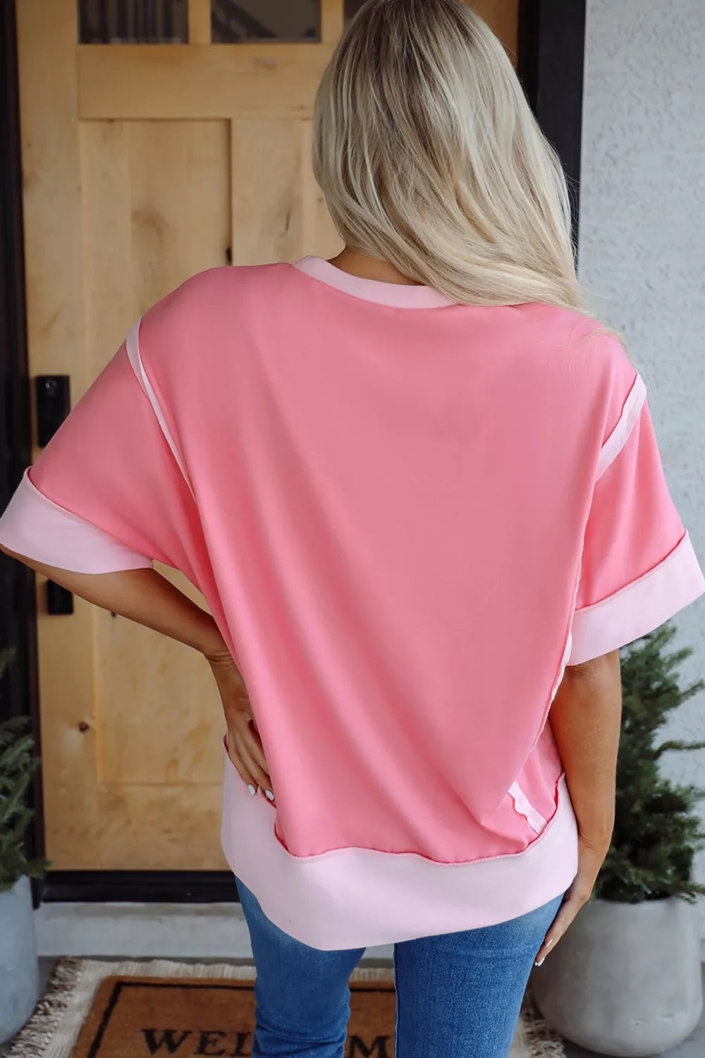 Dusty pink sequin cherry graphic shift top side view
