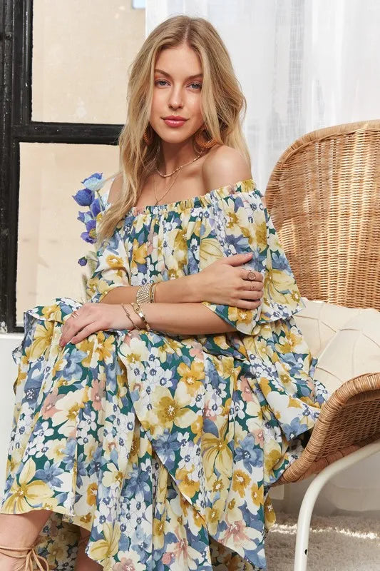 Layered Floral Off Shoulder Short Sleeve Maxi Dress back view