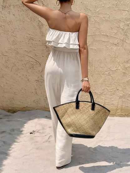 Off-Shoulder Ruffled Wide Leg Jumpsuit - Fashorio