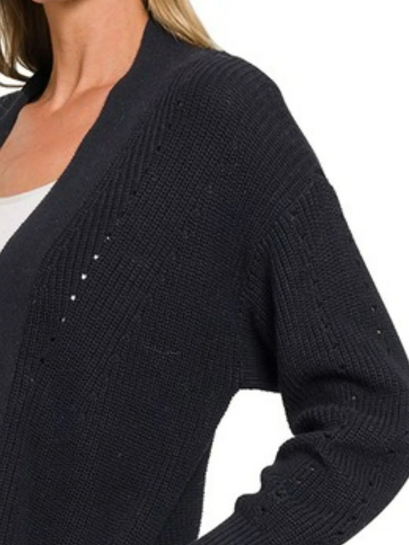 Zenana Eyelet Open Sweater Cardigan with Pockets - Fashorio