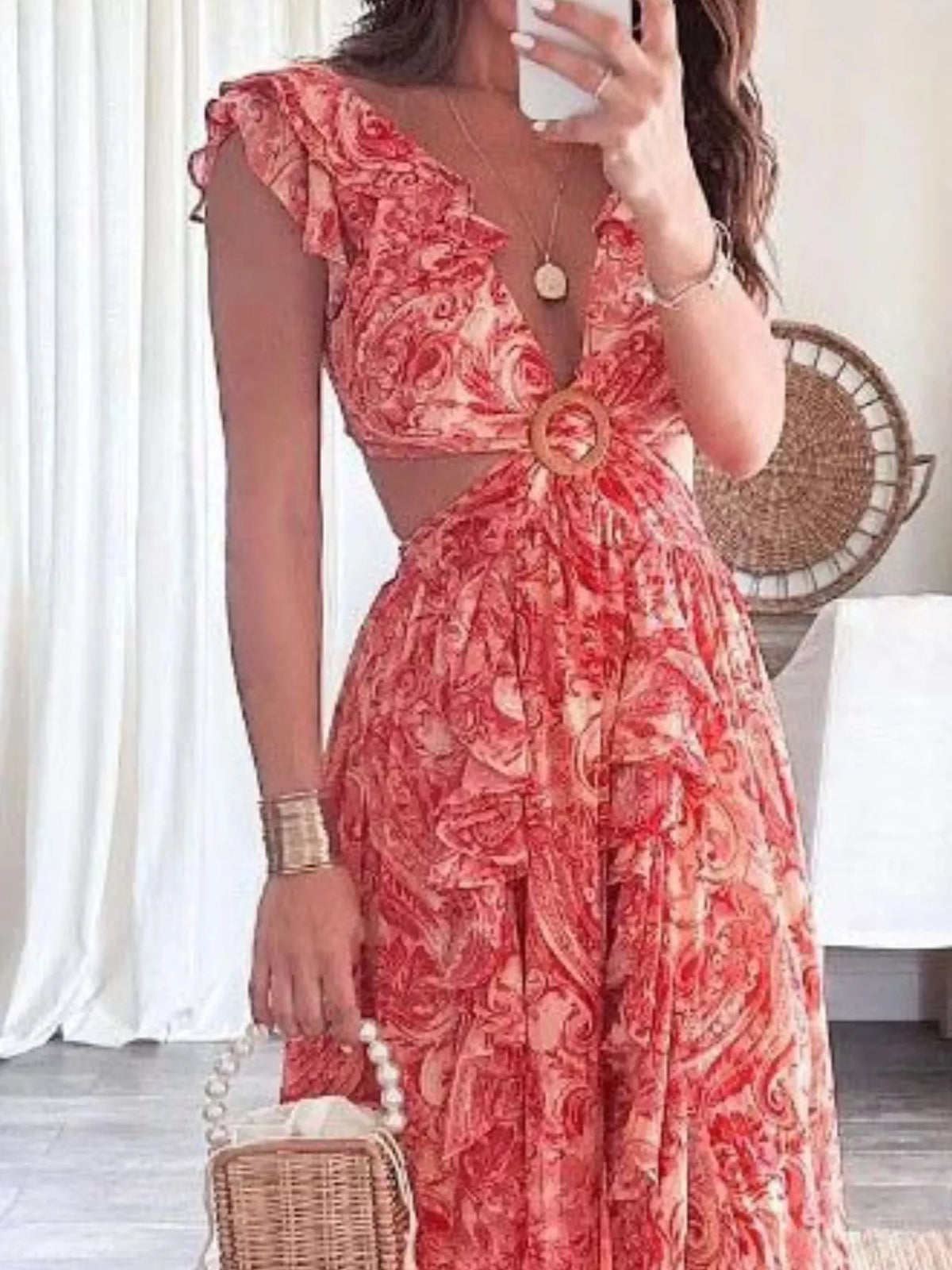 Ruffled cutout V neck maxi dress full length view