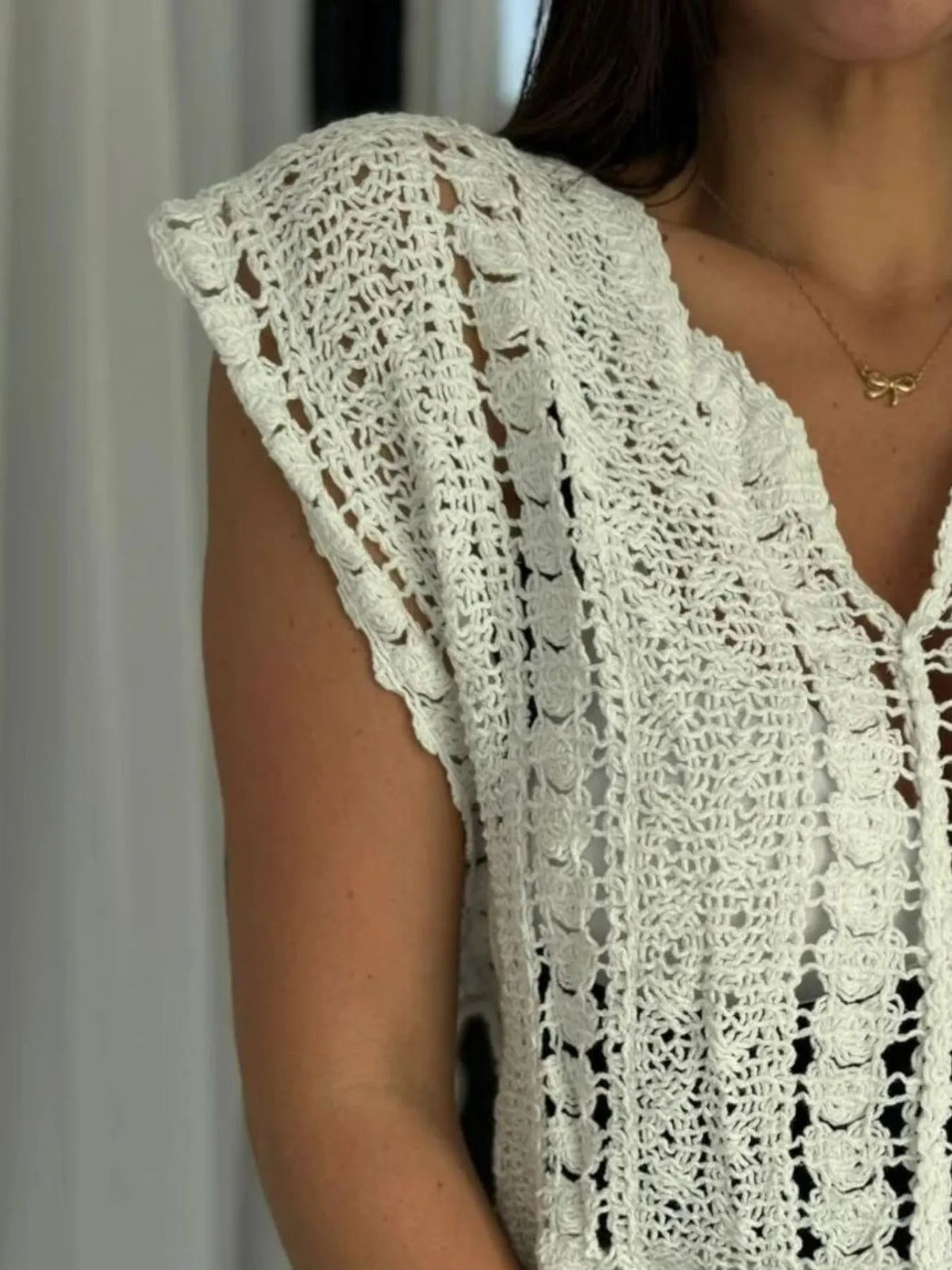 Crochet Knit V Neck Sweater Vest in White back view