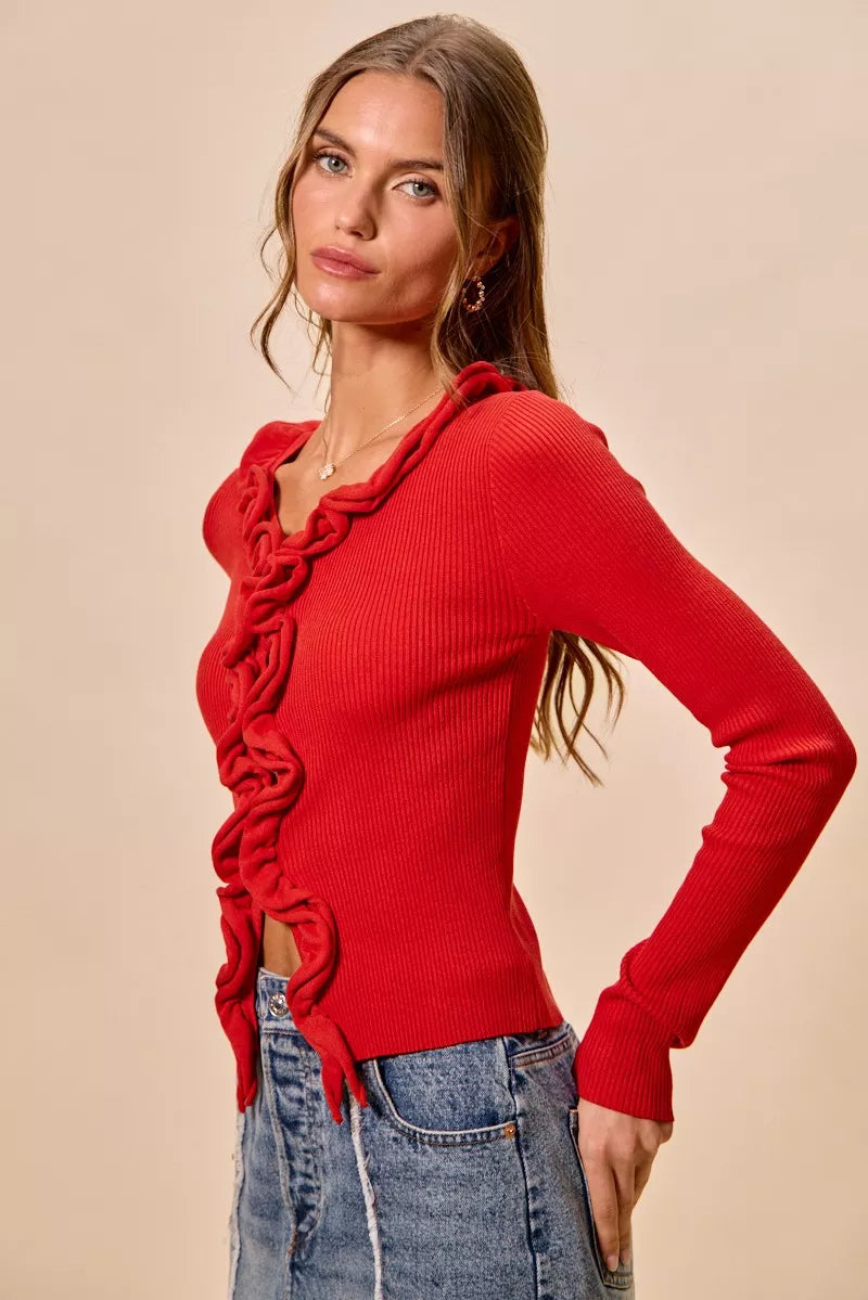 Cascade Ruffle Ribbed Knit Sweater Cardigan, view 18