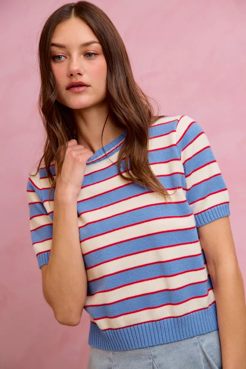 Short sleeve striped sweater top side view