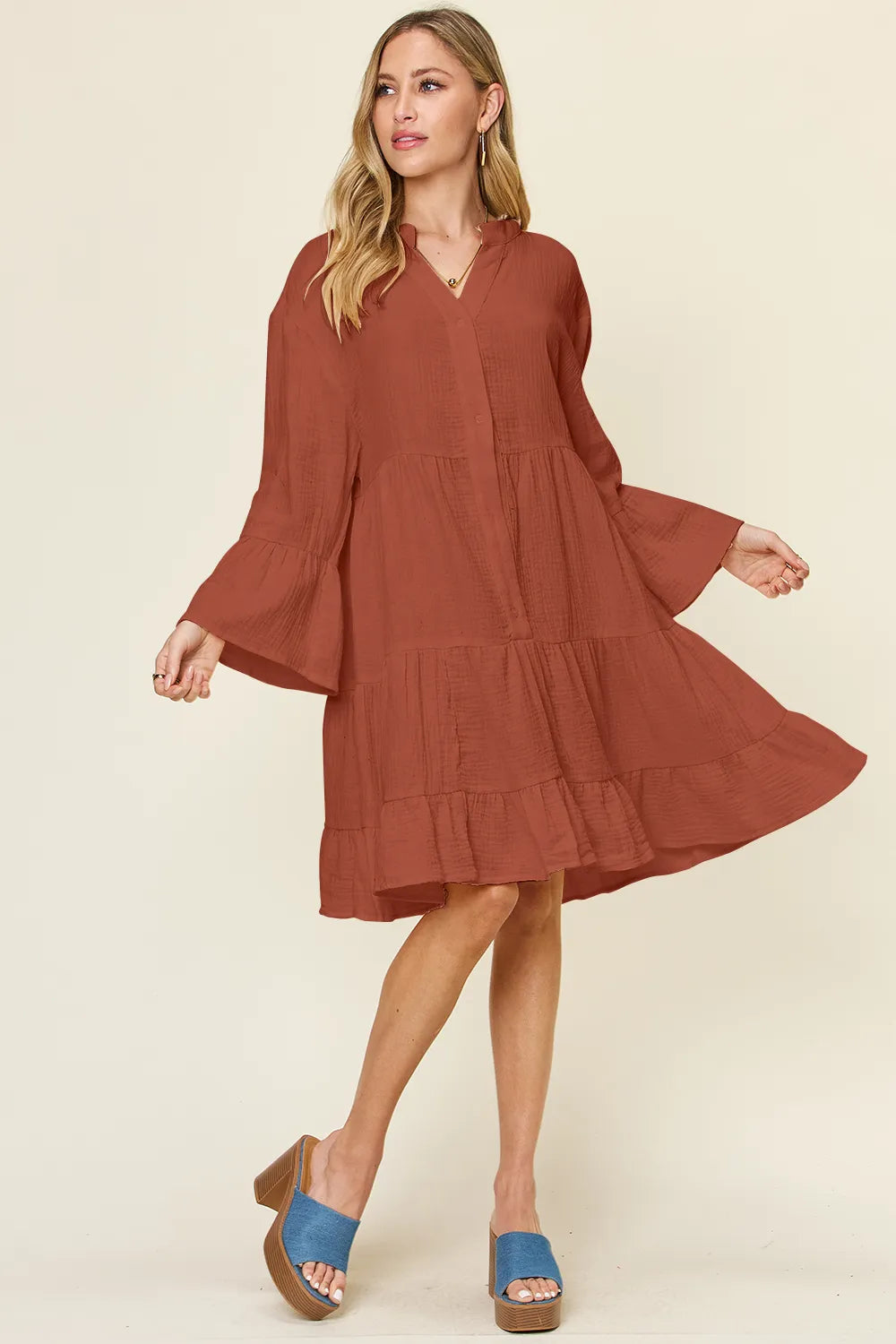 Button up ruffle hem dress side view