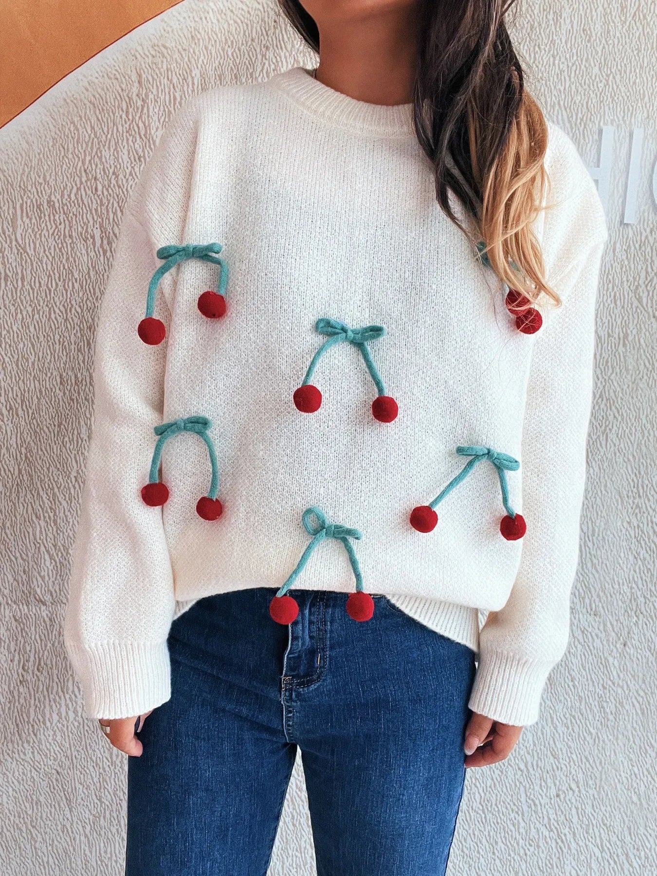 Cherry Round Neck Long Sleeve Sweater - Fashorio