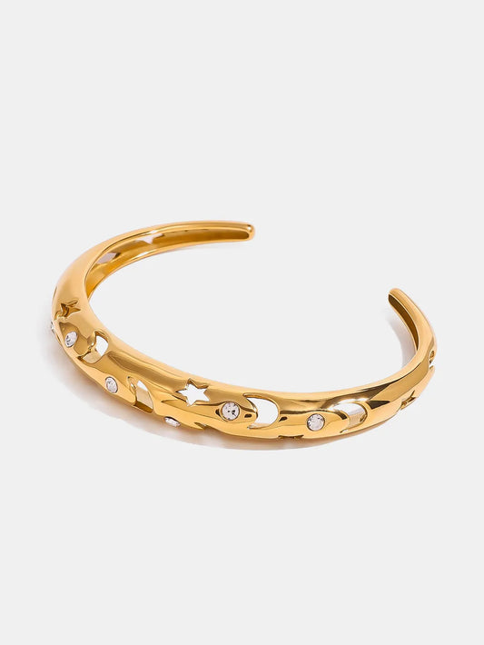 Stainless Steel Inlaid Rhinestone Cutout Bracelet Gold One Size - Fashorio