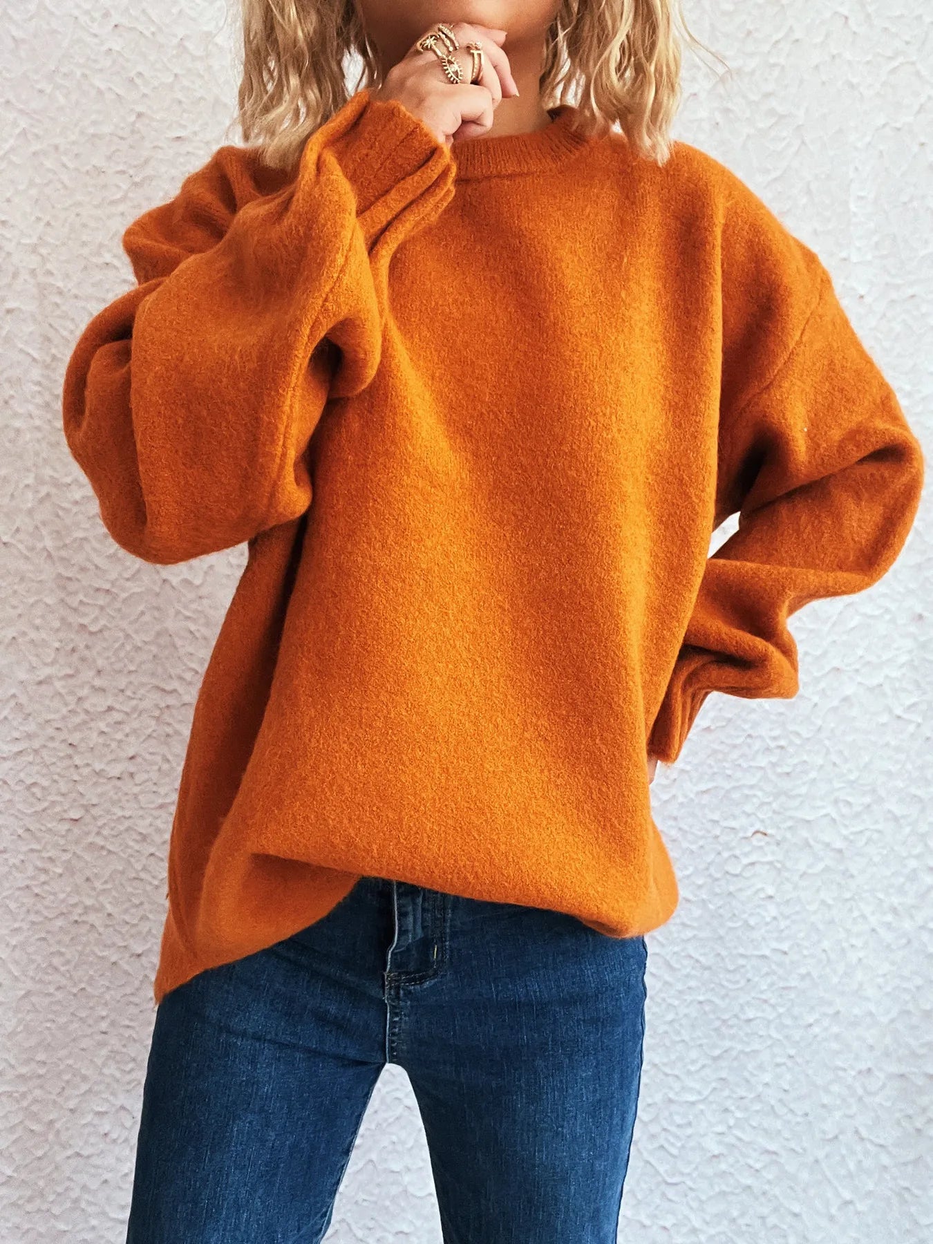 Round Neck Dropped Shoulder Sweater - Fashorio