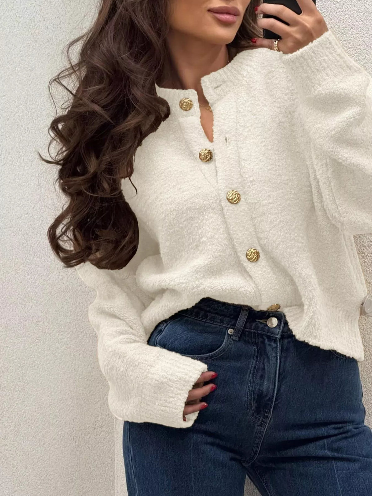 Button up drop shoulder cardigan back view