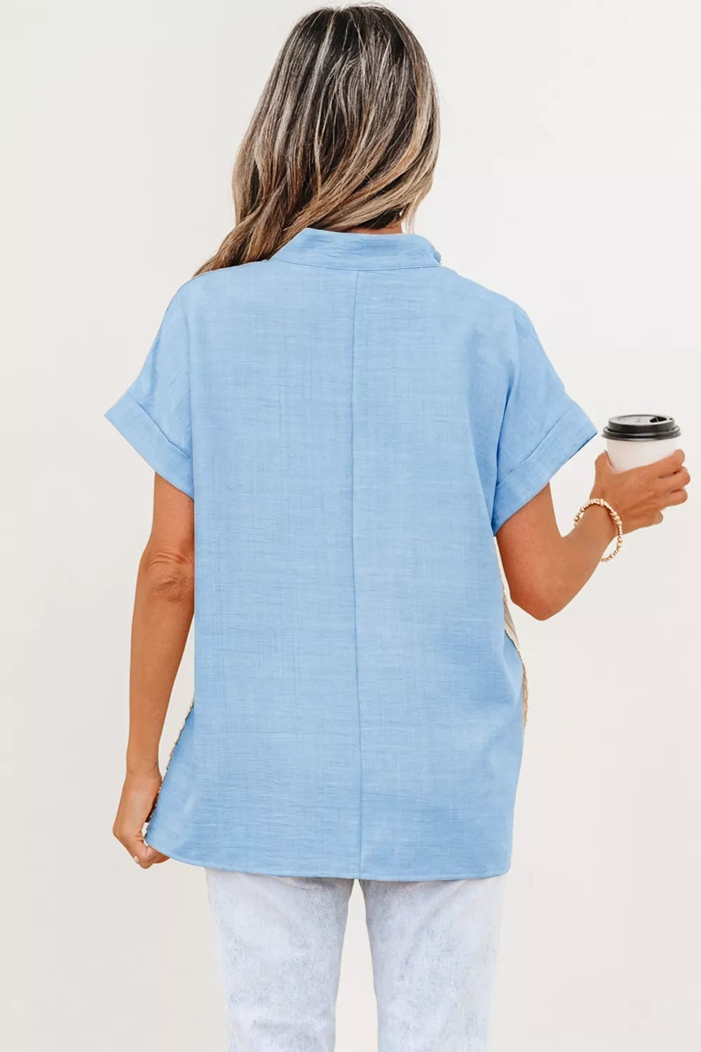 Light blue crochet lace short sleeve blouse side view