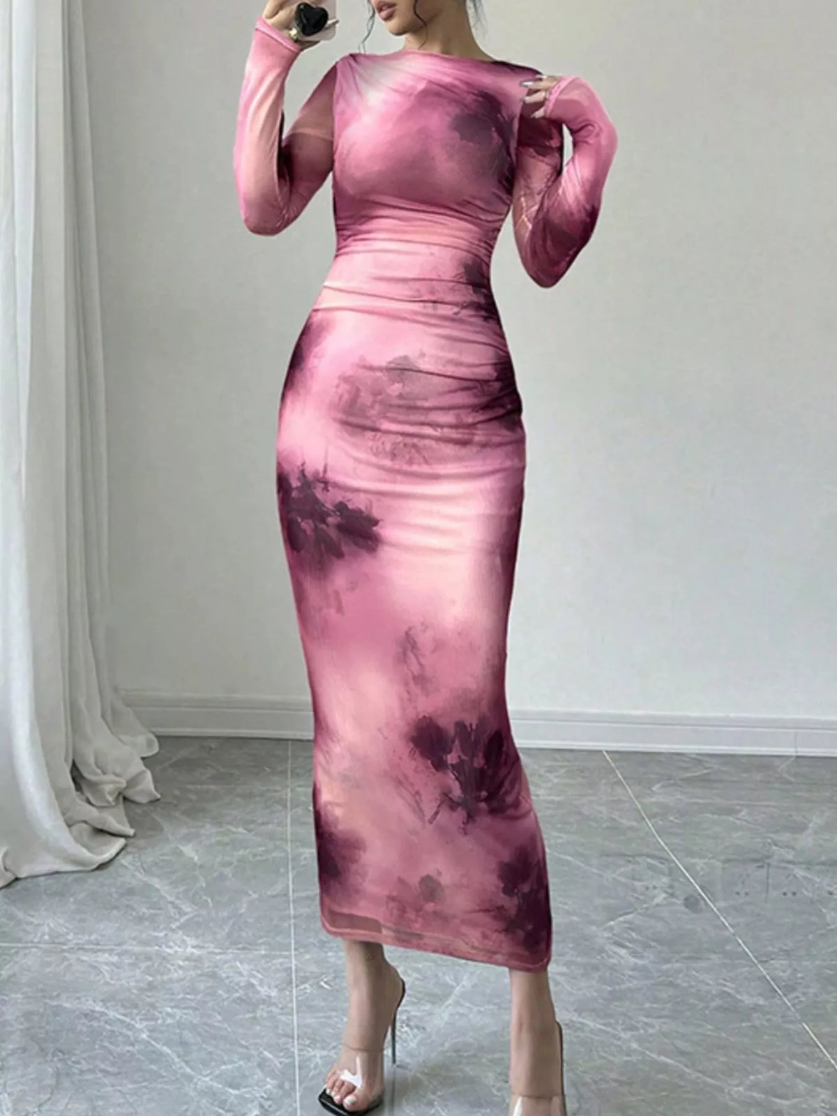 Tie dye ruched bodycon maxi dress front view