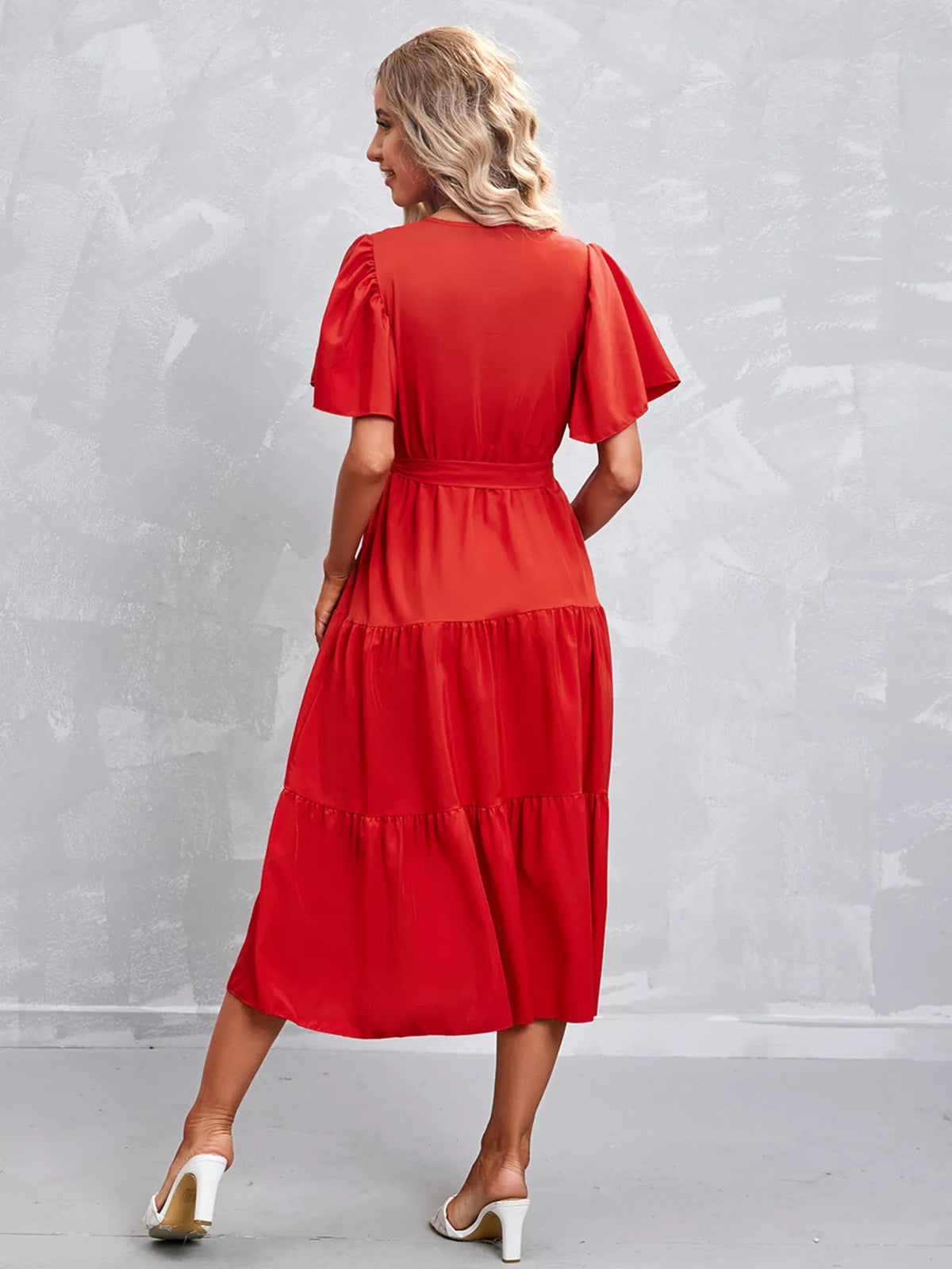 Flutter sleeve tiered midi dress detail view