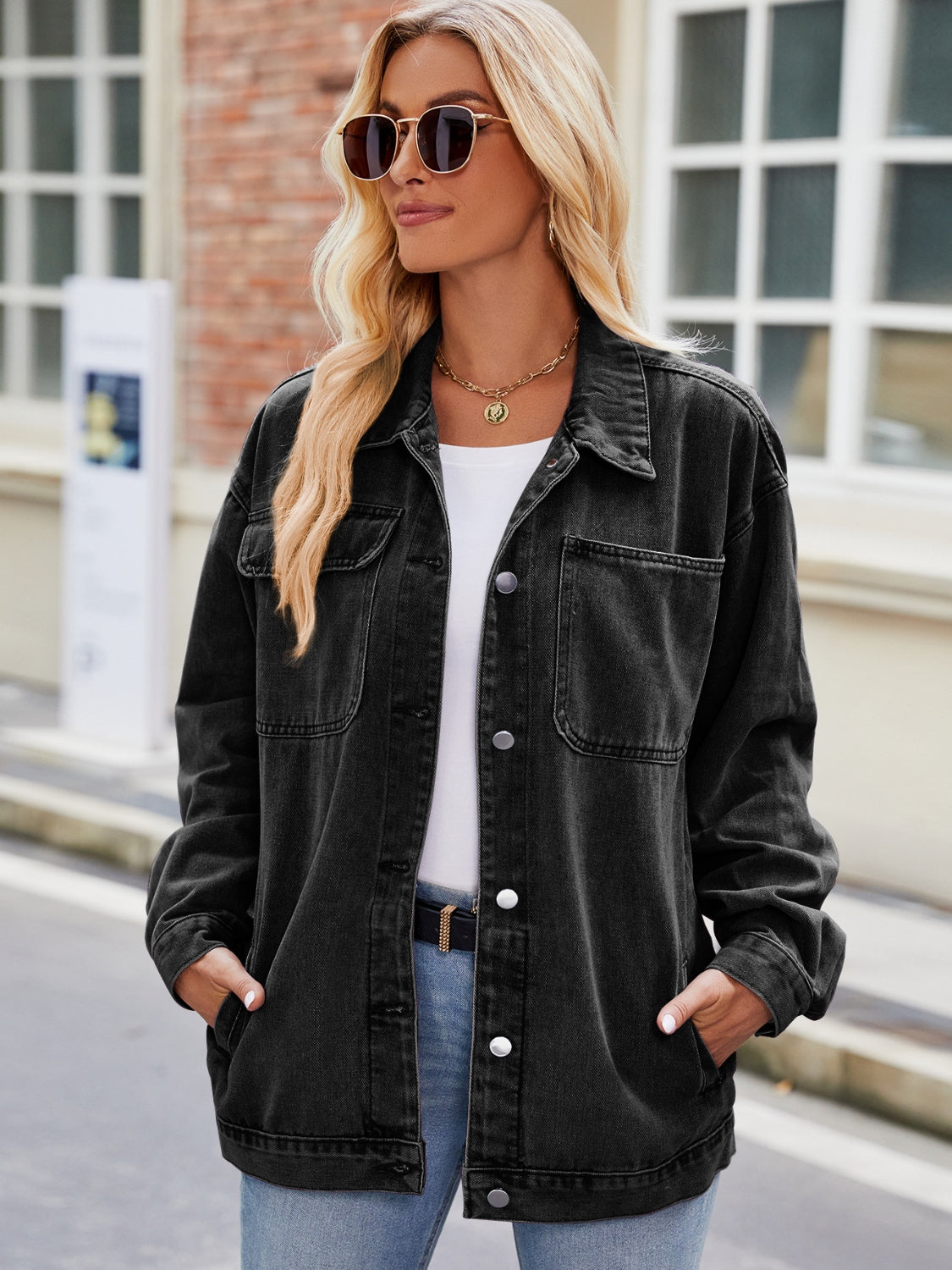 Button Up Denim Jacket with Pockets Black - Fashorio