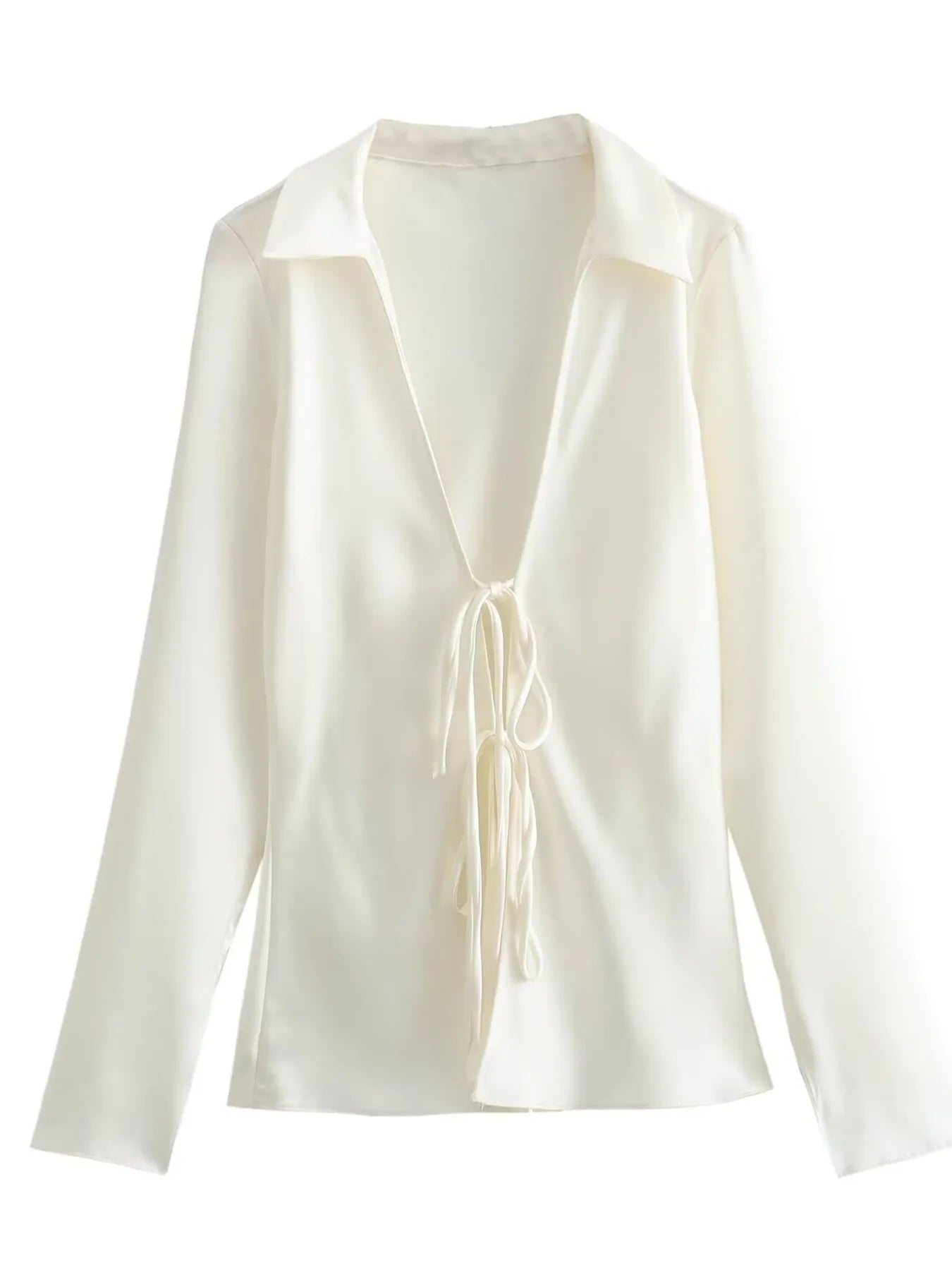 Satin Tie-Front Long Sleeve Shirt - Fashorio