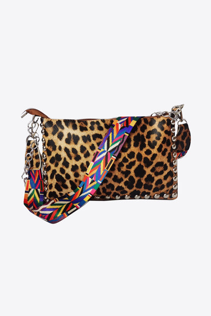 Adored PU Leather Studded Shoulder Bag Leopard One Size - Fashorio