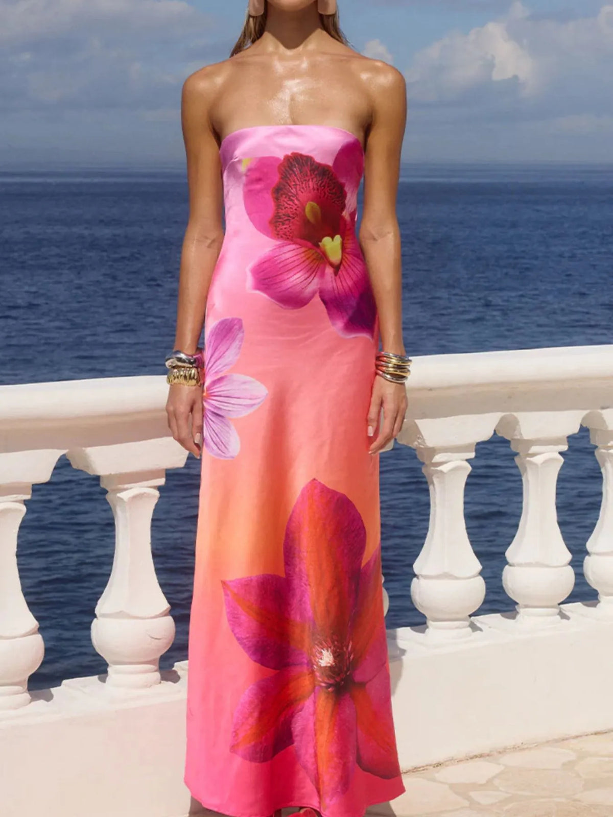 Printed strapless tube maxi dress side view