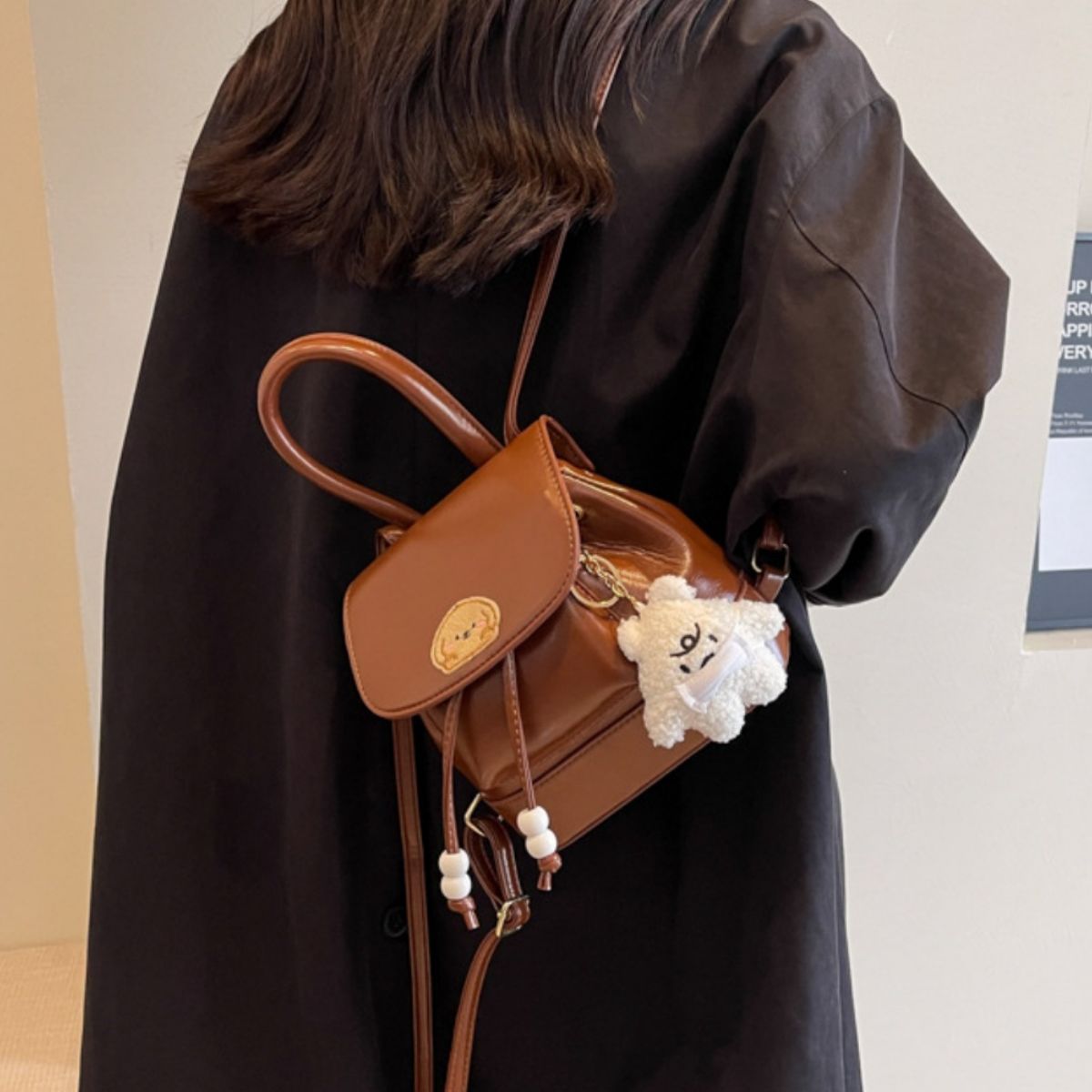 brown puppy patch mini backpack interior storage view