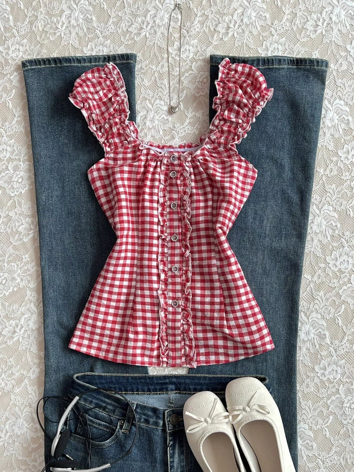 Back view of red gingham blouse