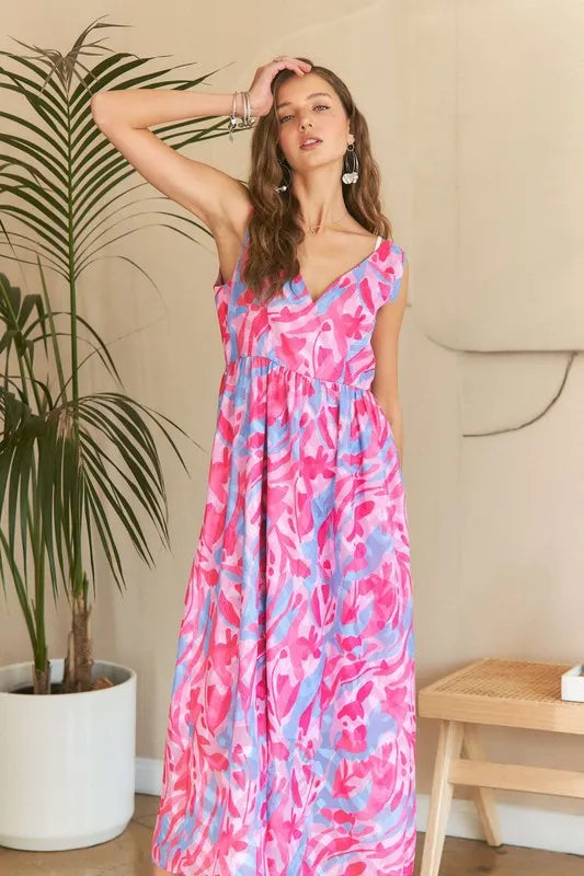 Abstract Floral V Neck Maxi Dress in Blush side view