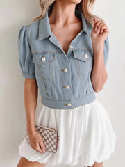 Button Up Puff Sleeve Cropped Denim Jacket Light Blue - Fashorio
