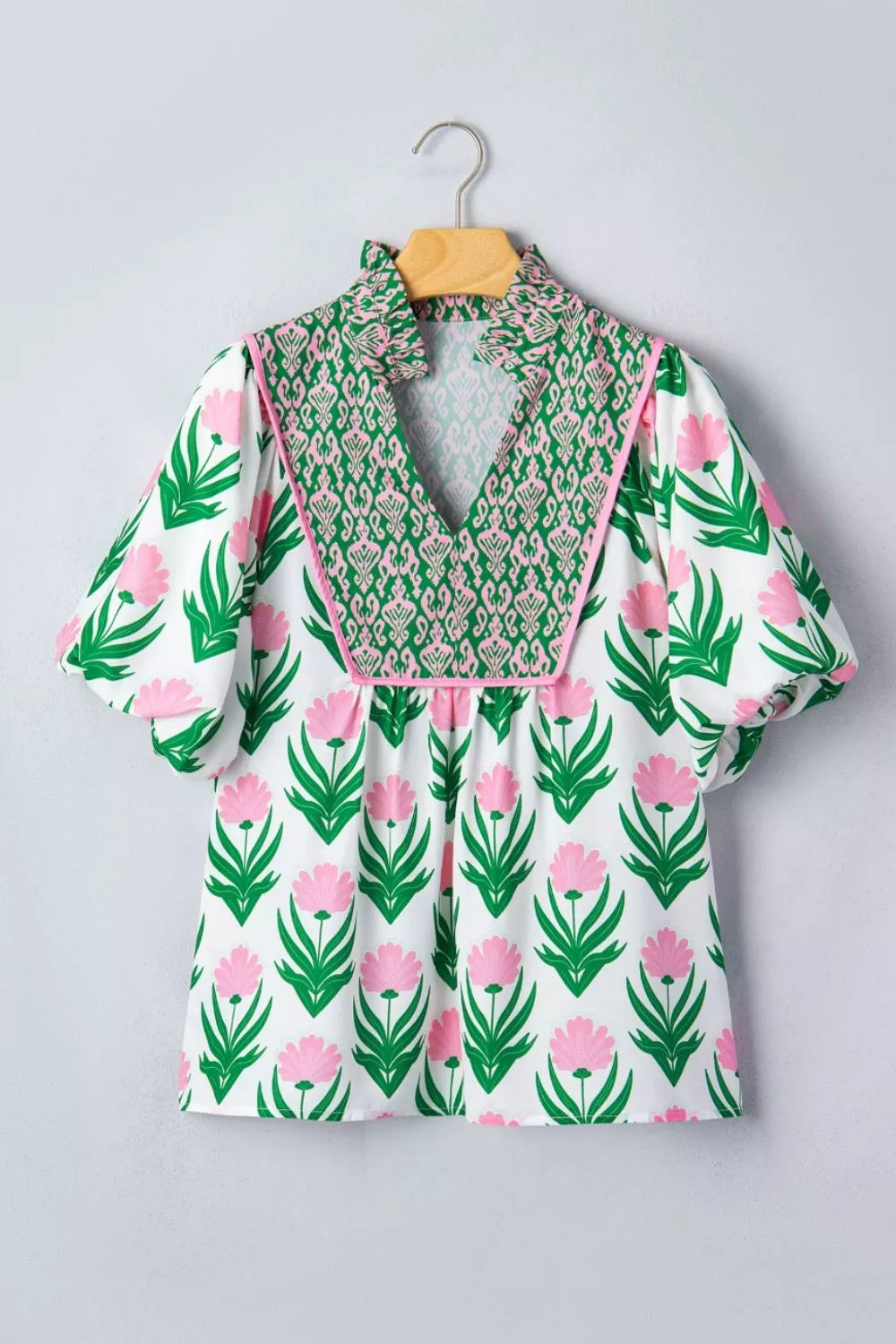 Sage floral puff sleeve V neck blouse, styled outfit