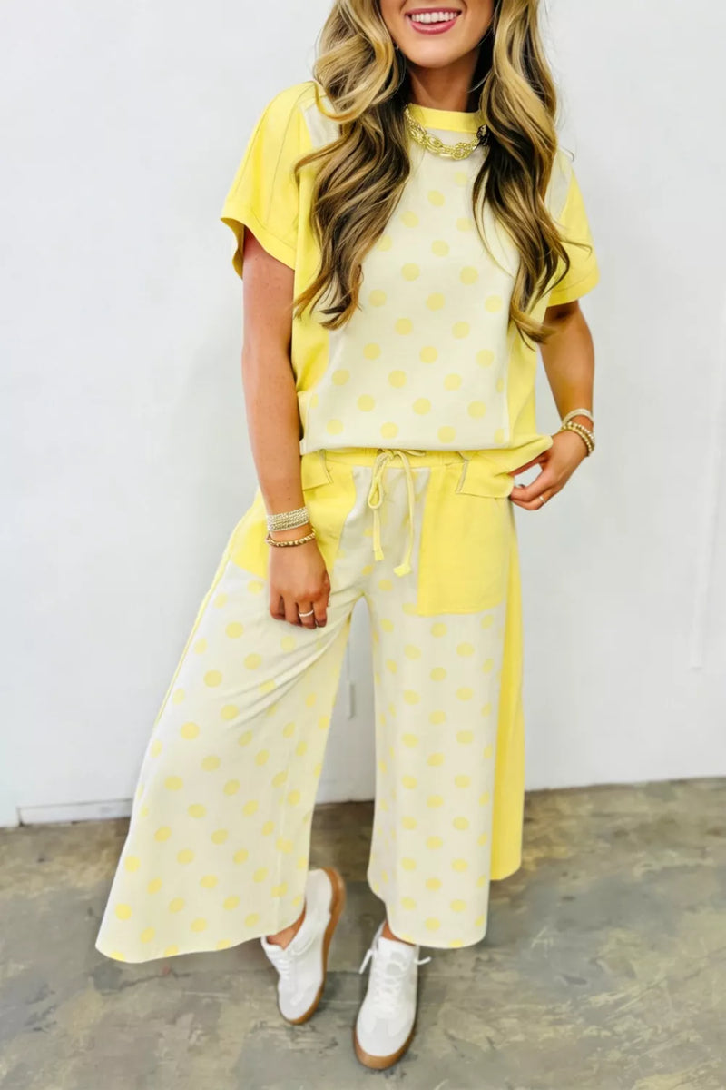 Color block polka dot top and wide leg pant set