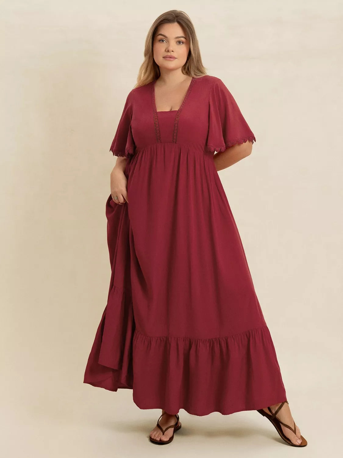 Lace Detail Flutter Sleeve Maxi Dress Plus Size front view