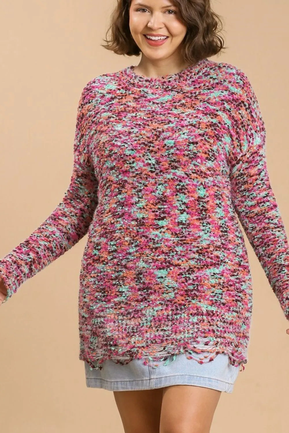 Distressed Hem Multicolored Round Neck Knit Tunic Dress styled look