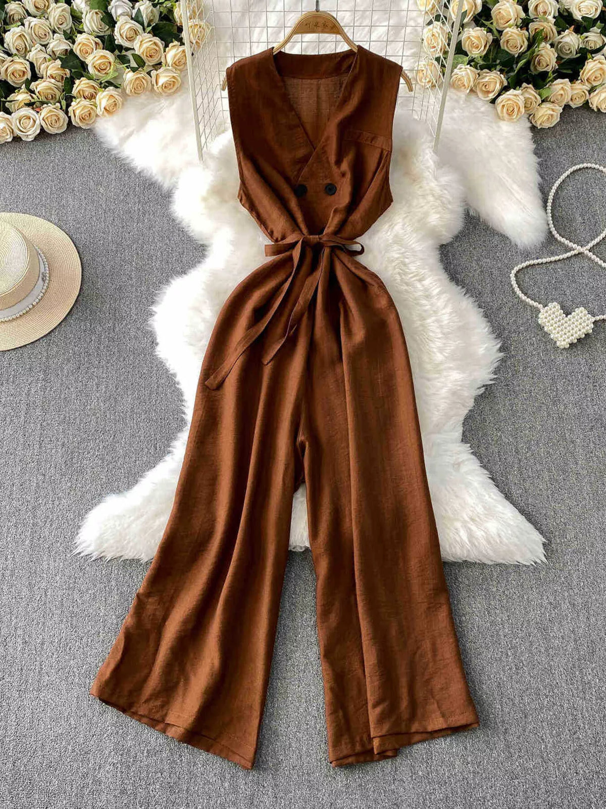 Wide leg jumpsuit buttoned bodice detail