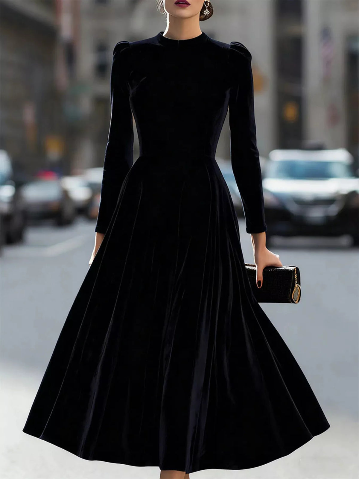 velvet long sleeve A line dress close up