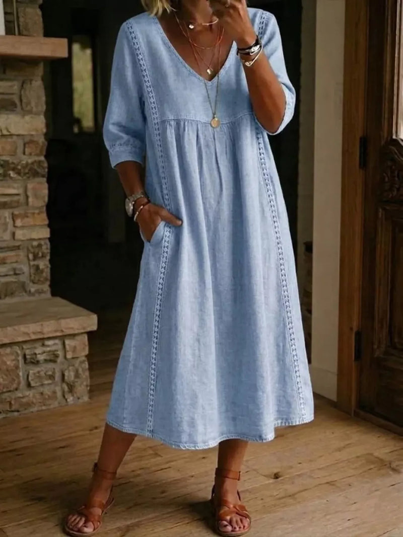 V neck three quarter sleeve midi dress front view