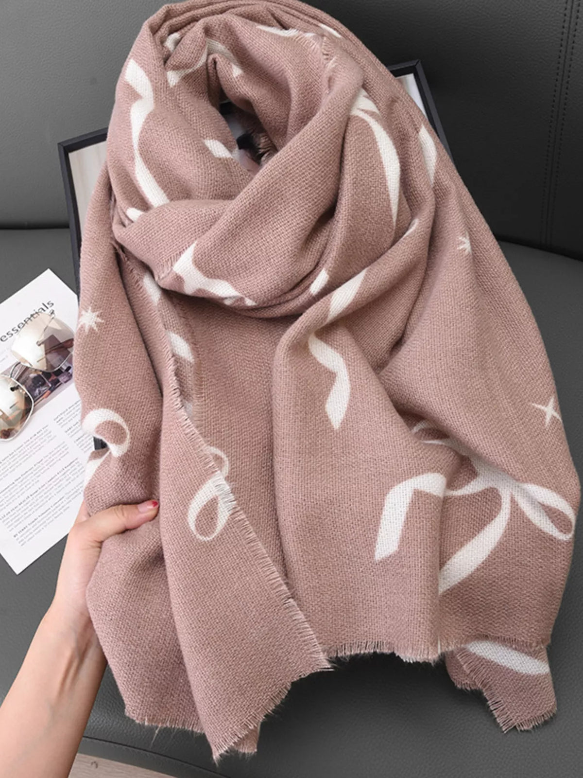 Full length view of the bow print scarf