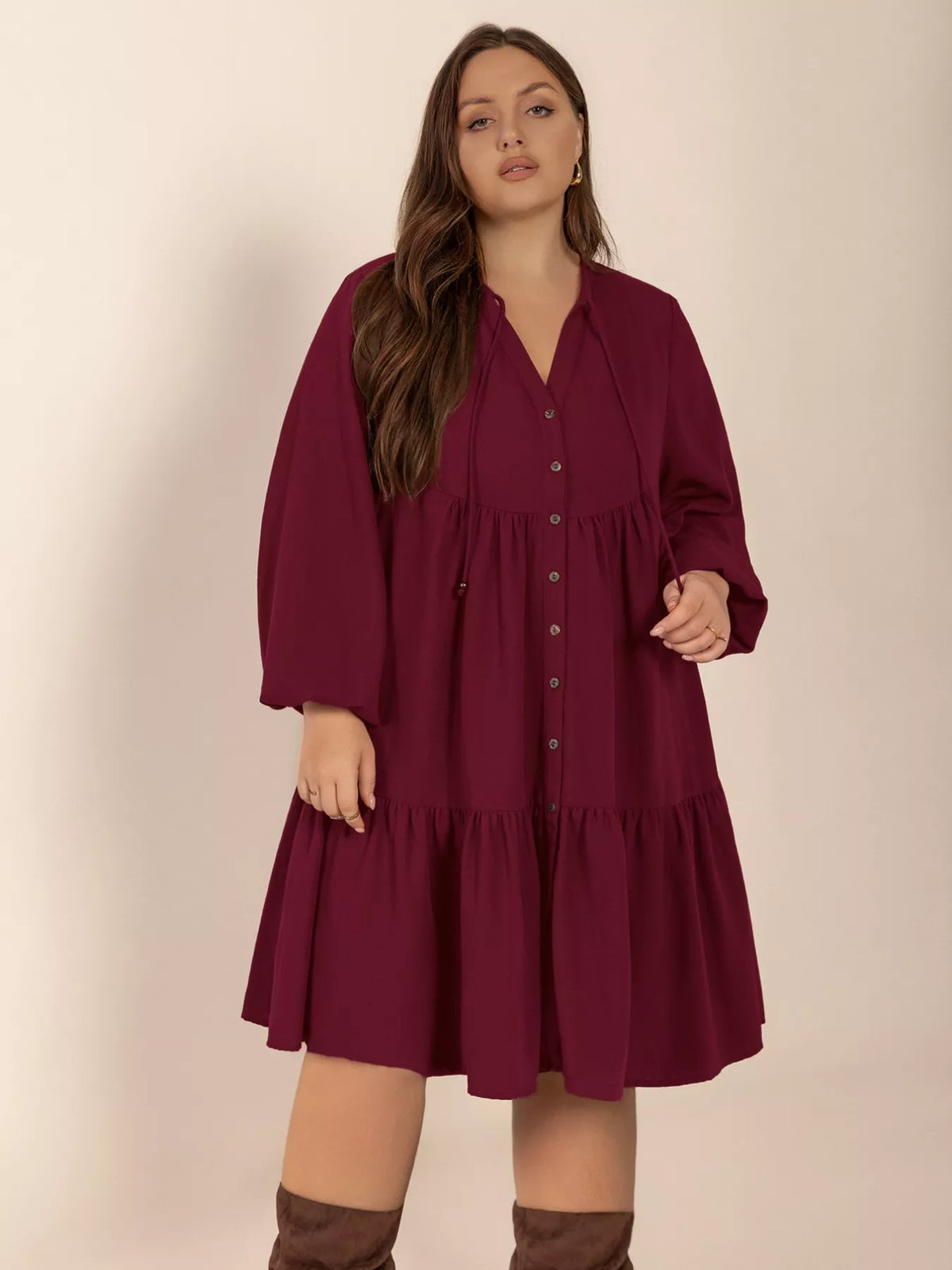 Button front balloon sleeve dress front view