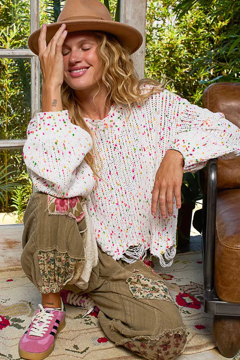 POL Round Neck Fringed Hem Sweater - Fashorio