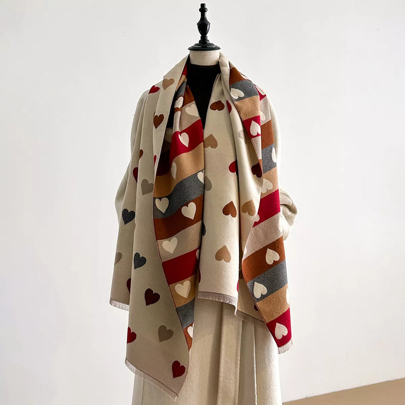 Heart pattern fringe winter scarf around the neck