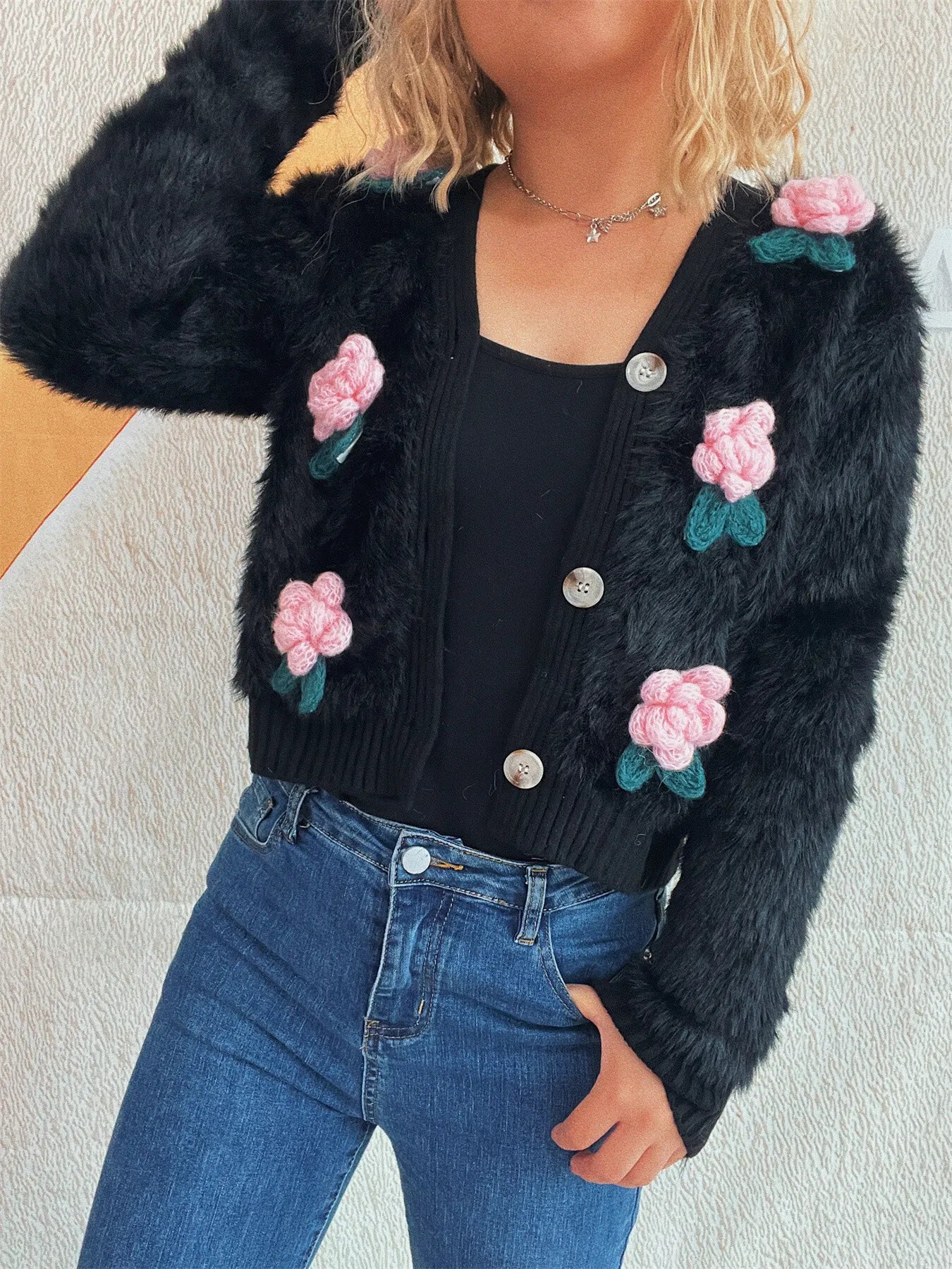 Flower Fuzzy Button-Up Cardigan Black One Size - Fashorio