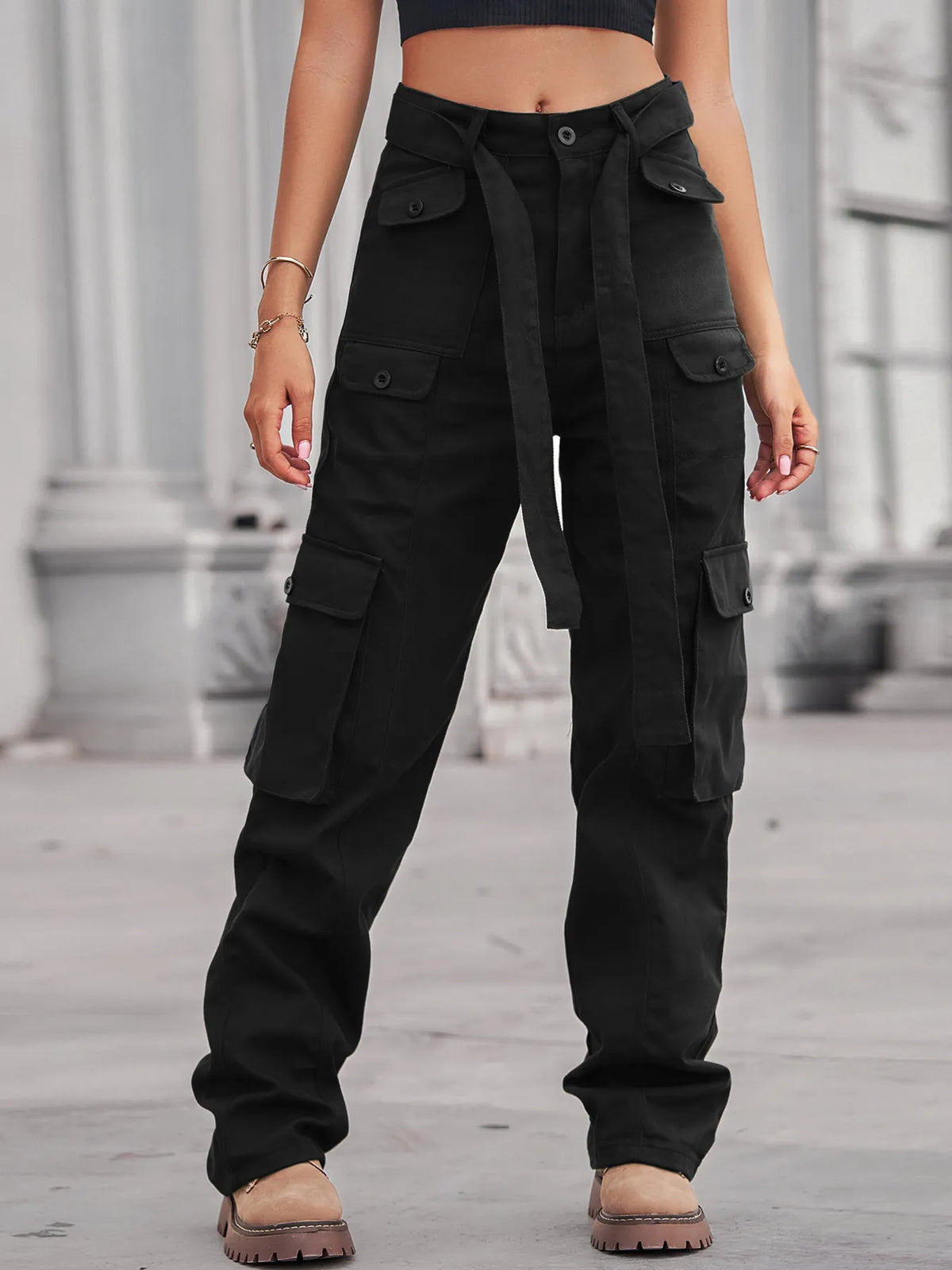 Grey high waist cargo jeans view