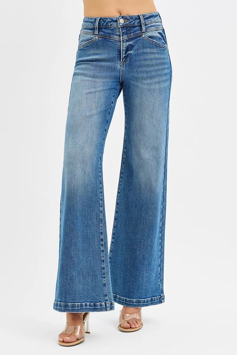RISEN high rise wide leg heart pocket jeans medium blue wash front view
