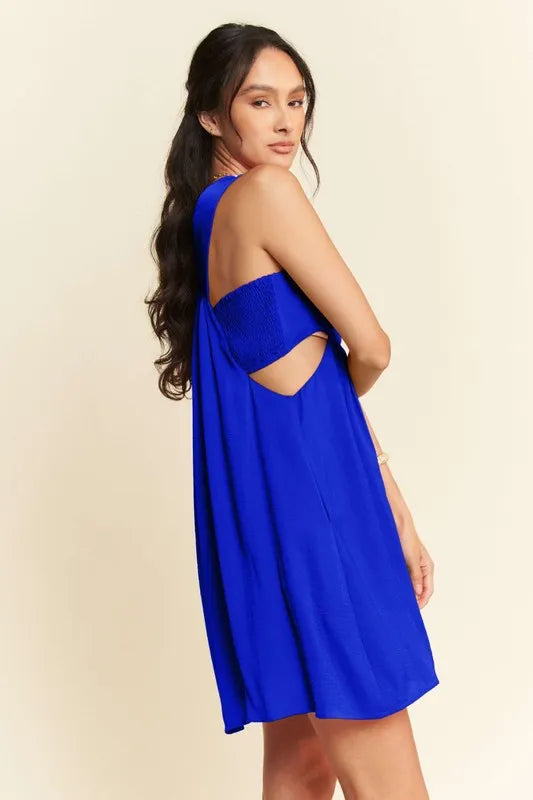 Satin Cut Out Bandeau Mini Dress in Cobalt detail