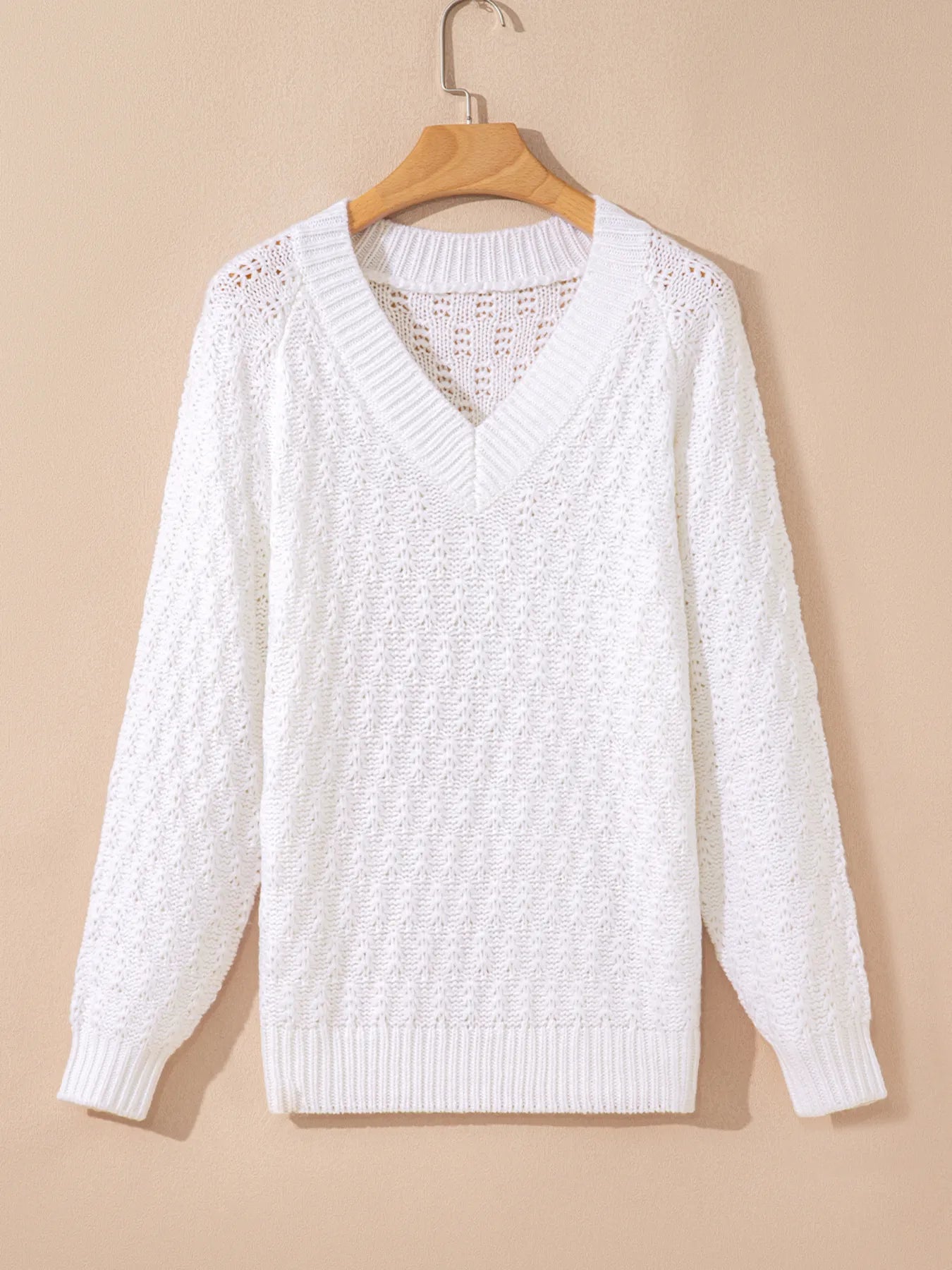 Textured Knit Ribbed Edge V Neck Loose Sweater - Fashorio