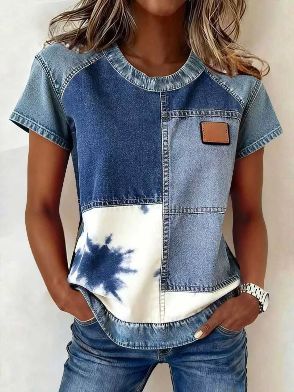 Patchwork print short sleeve top seated styling view