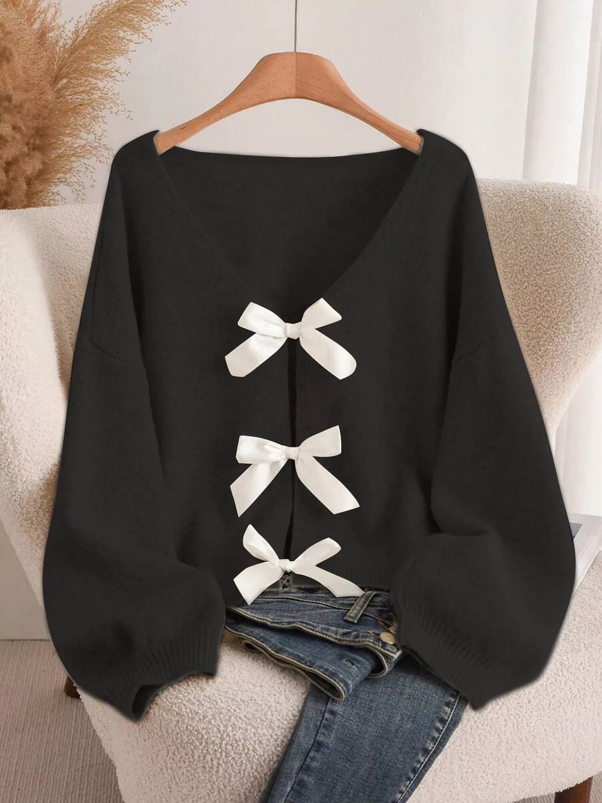 Bow Knot Front V Neck Knit Cardigan, view 10
