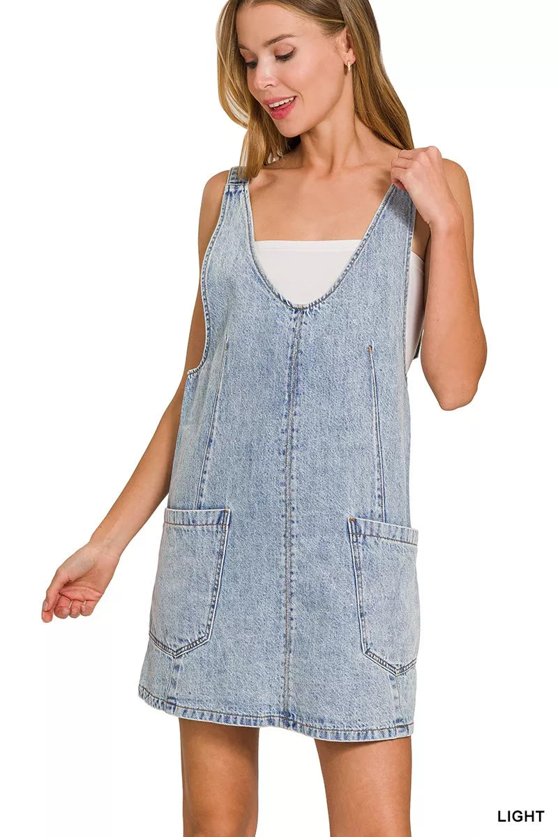 Zenana light wash denim overall dress back view