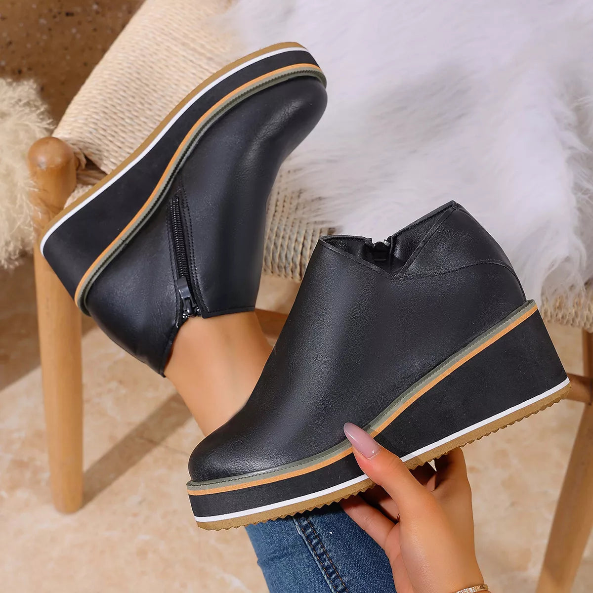 wedge ankle boots with zipper front view