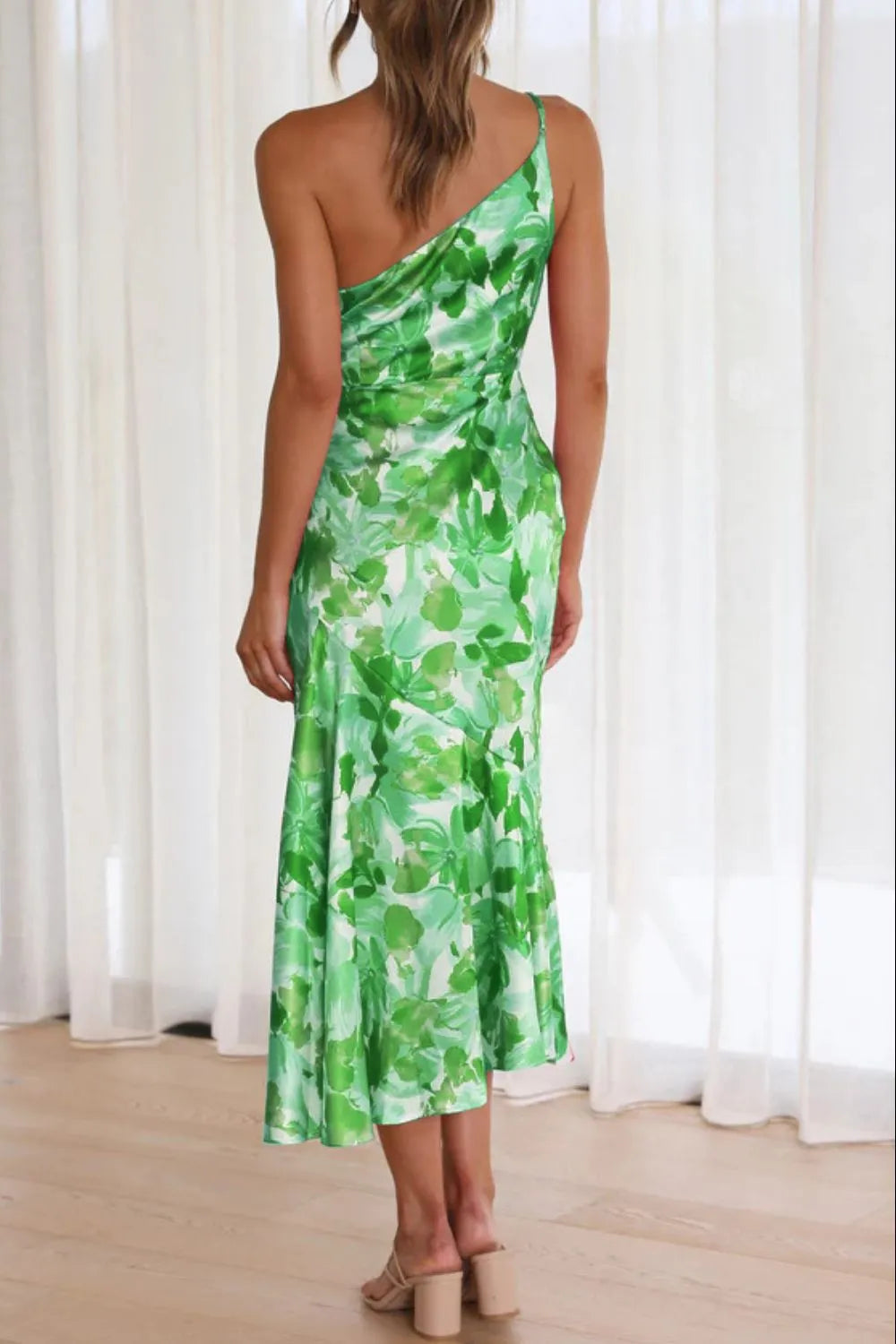 Green one shoulder midi dress side view