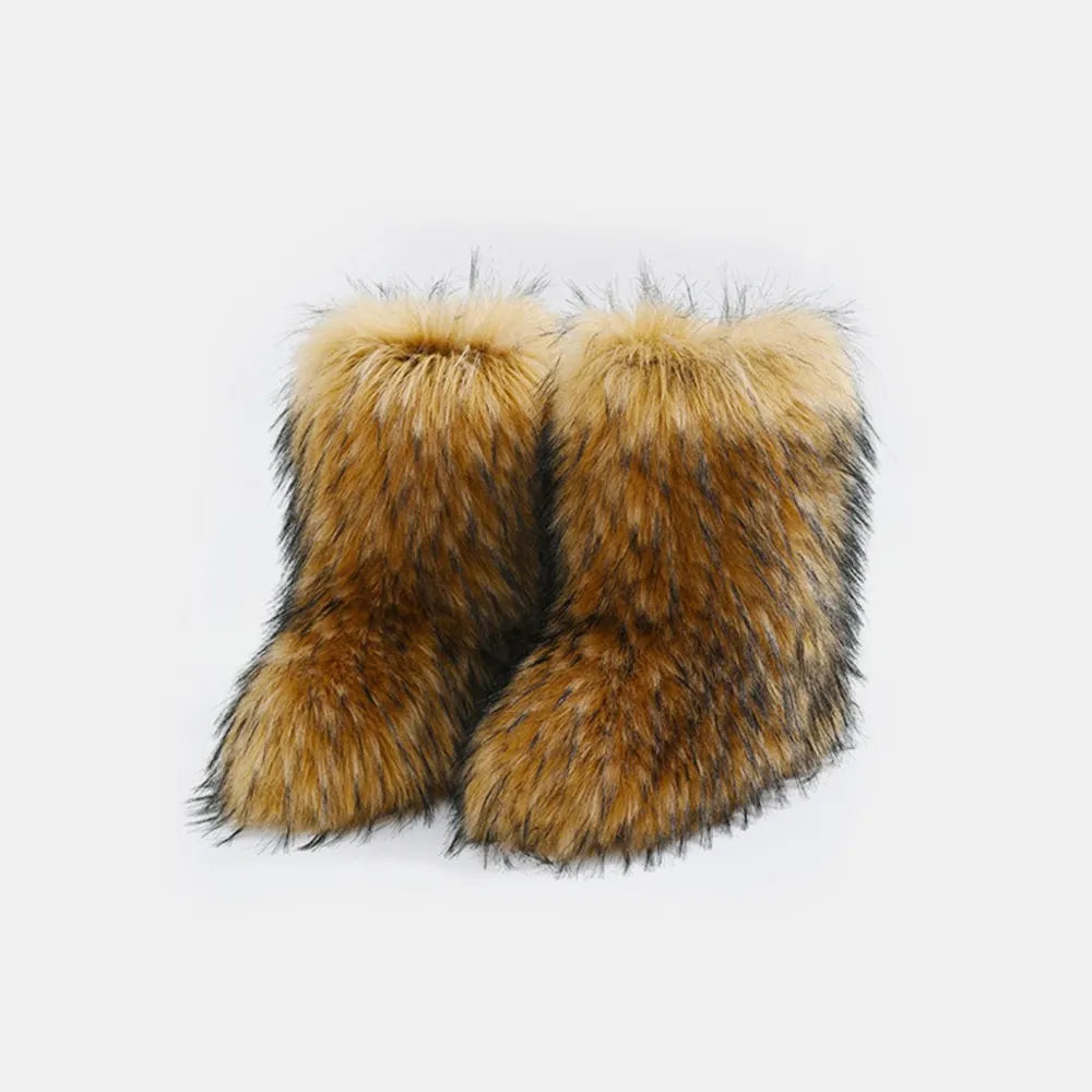 Caramel thermal fuzzy platform boots angled three quarter view