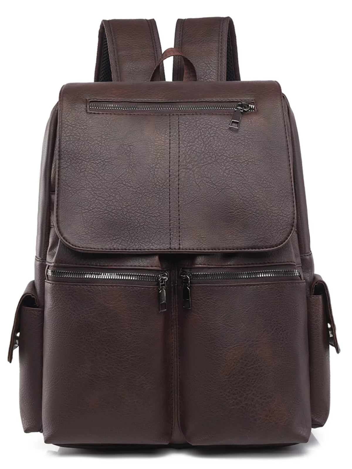 Faux leather flapover backpack shoulder strap detail