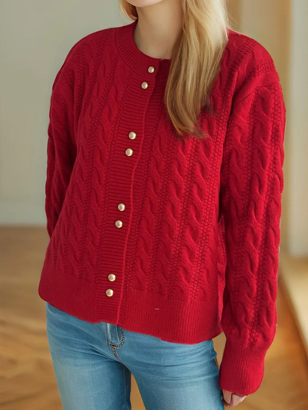 Cable-Knit Round Neck Long Sleeve Cardigan - Fashorio