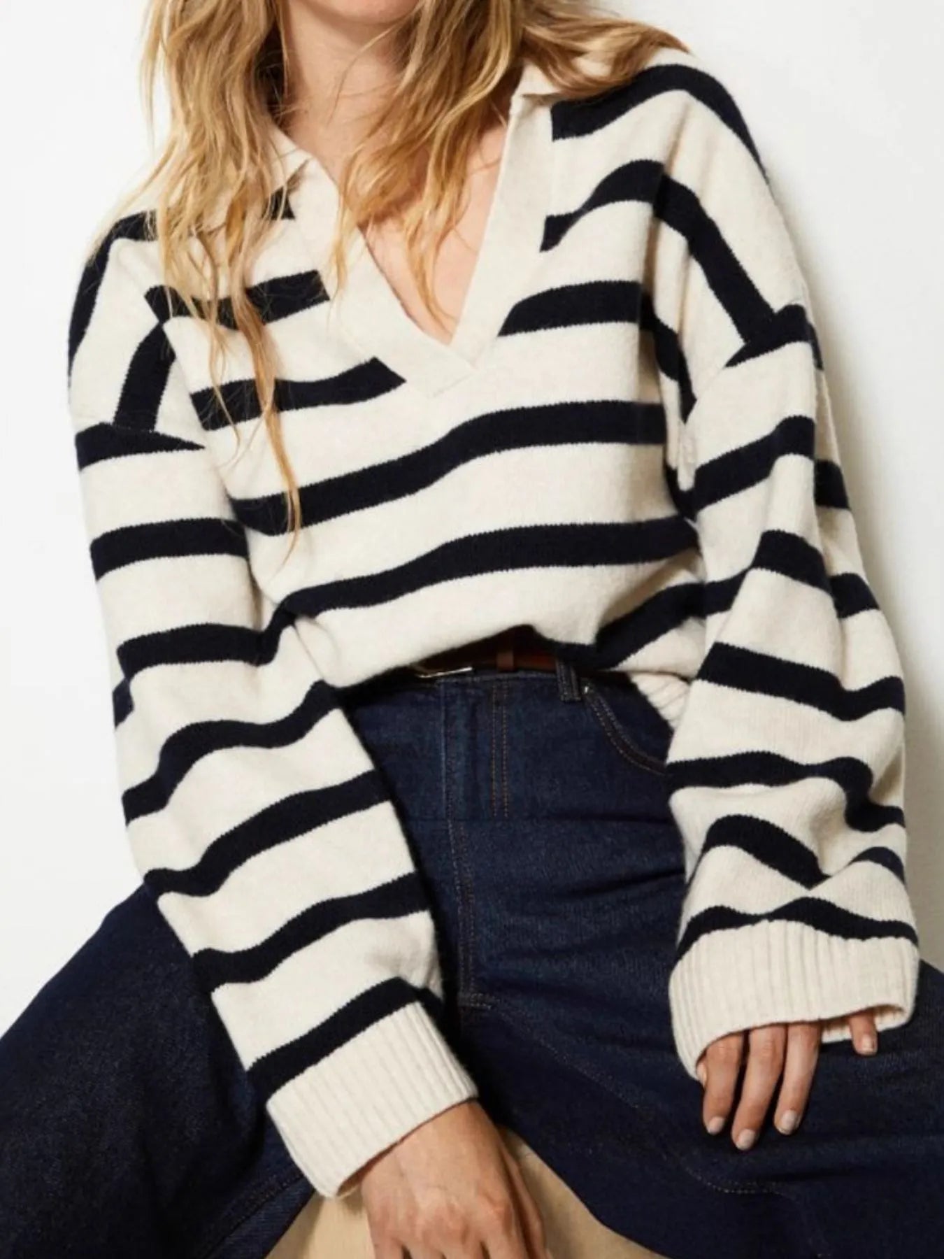 Striped Johnny Collar Long Sleeve Sweater White - Fashorio