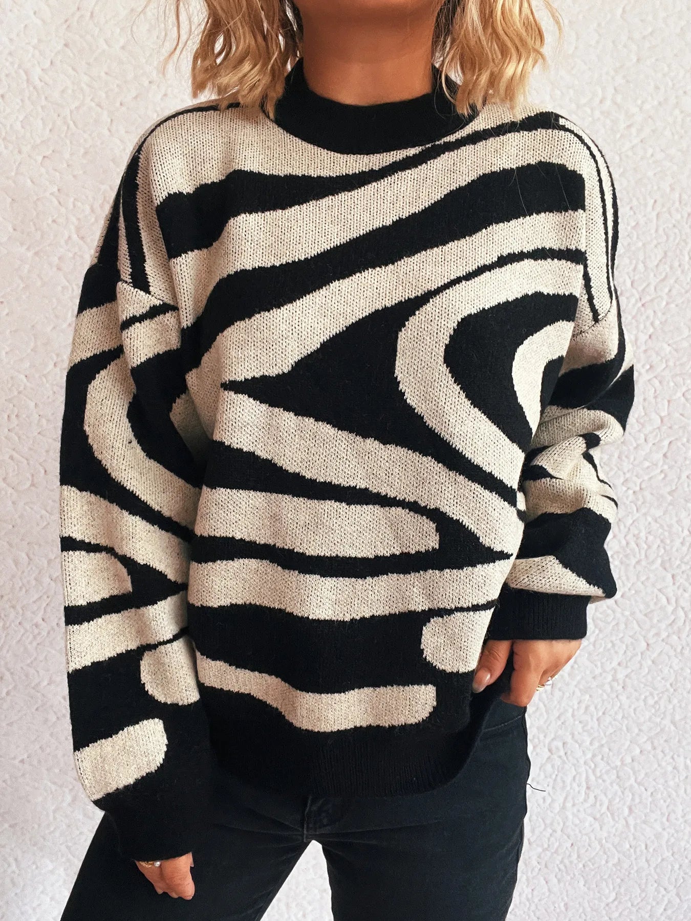 Zebra Print Round Neck Sweater - Fashorio